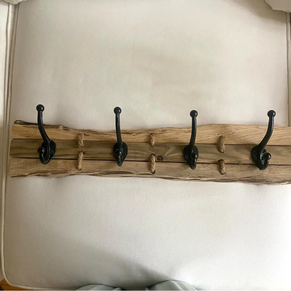 Hand Crafted Natural Live Edge Wood, w/5 Wrought Iron Hooks, & Jute rope.